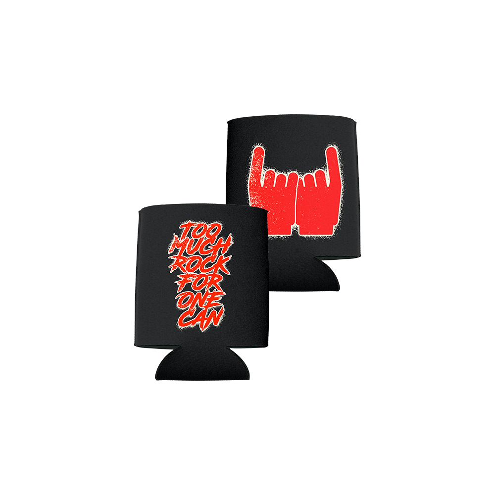 Official Marvelous 3 Merchandise. Double sided black foam can cooler featuring the 2MR41H hand logo printed on one side and the words "too much rock for one can" on the other side.