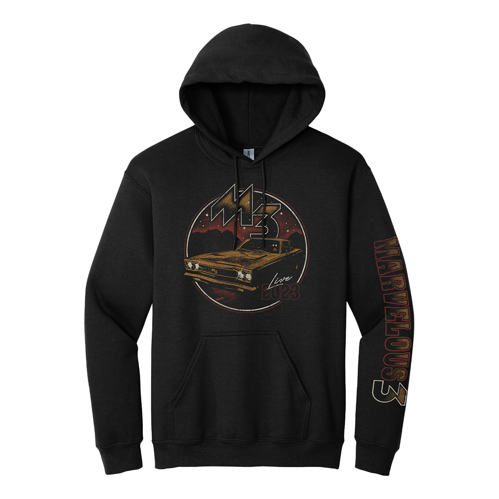Official Marvelous 3 Merchandise. 80% cotton / 20% polyester blend, mid weight fleece pullover hoodie with a slim fit. This hoodie features a vintage inspired, classic car graphic and the M3 logo on the front along with a Marvelous 3 sleeve print.