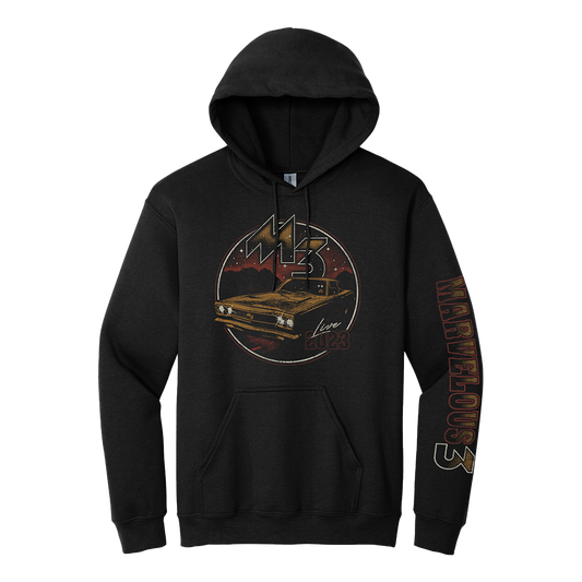 Official Marvelous 3 Merchandise. 80% cotton / 20% polyester blend, mid weight fleece pullover hoodie with a slim fit. This hoodie features a vintage inspired, classic car graphic and the M3 logo on the front along with a Marvelous 3 sleeve print.