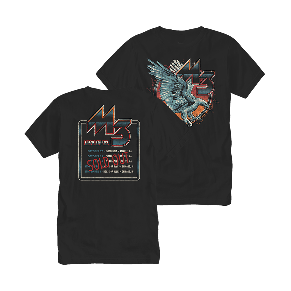 Official Marvelous 3 merchandise. 100% USA cotton unisex black t-shirt with a light weight, slim fit. T-shirt features a vintage eagle design on the front and the sold out 2023 tour dates on the back.