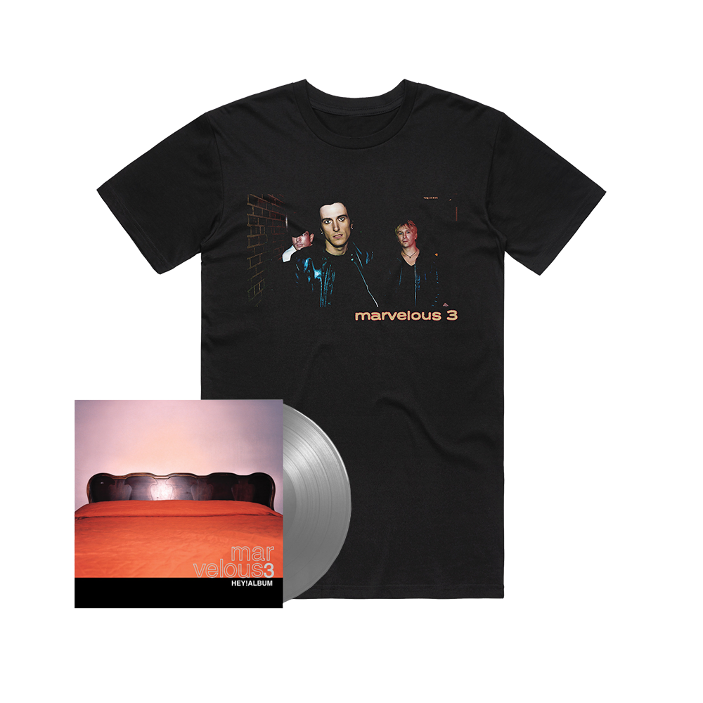 Official Butch Walker Merchandise. Marvelous 3 "Hey! Album" Limited Edition Silver Vinyl with a band photo t-shirt of the Marvelous 3.